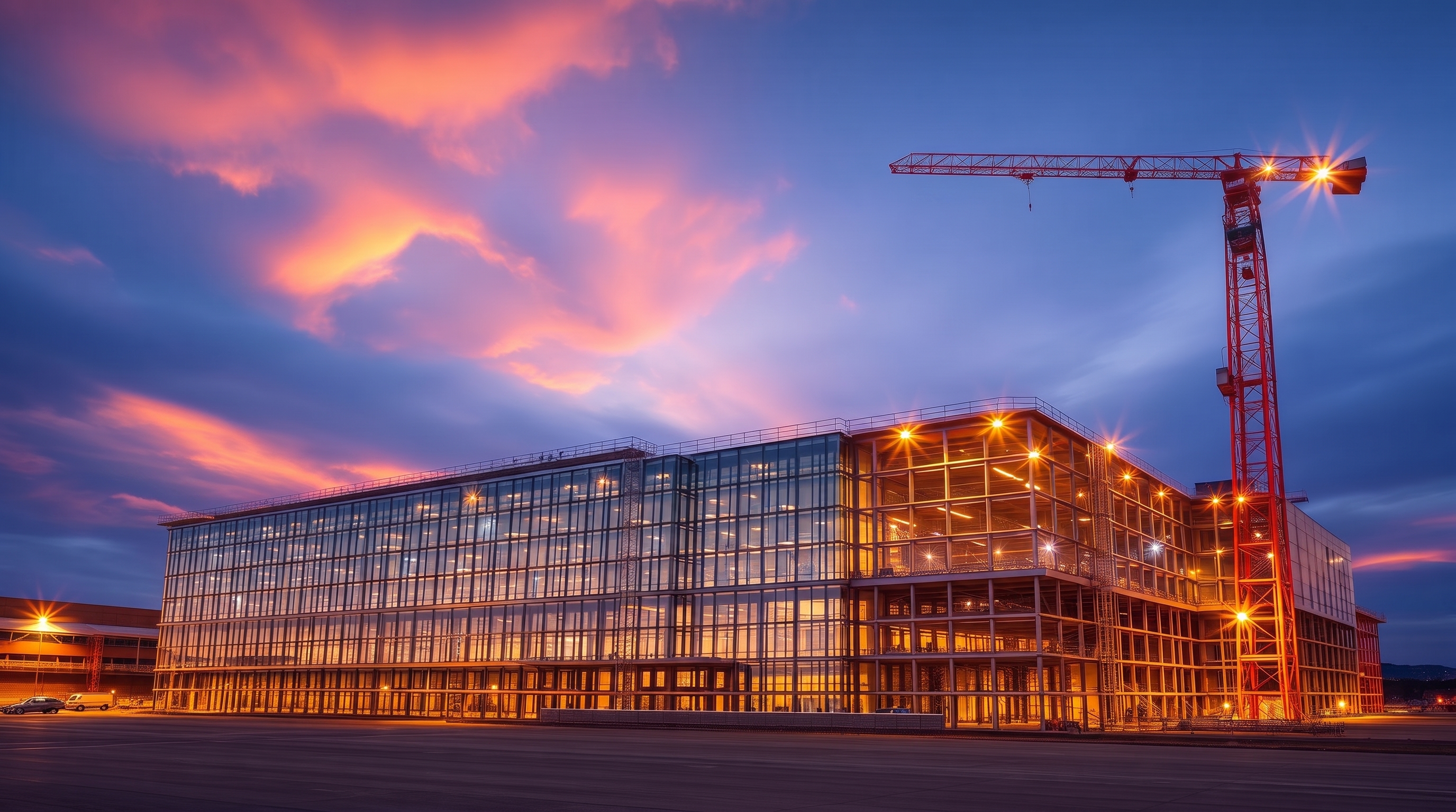 Proyecto de construcción MRC iluminado al atardecer