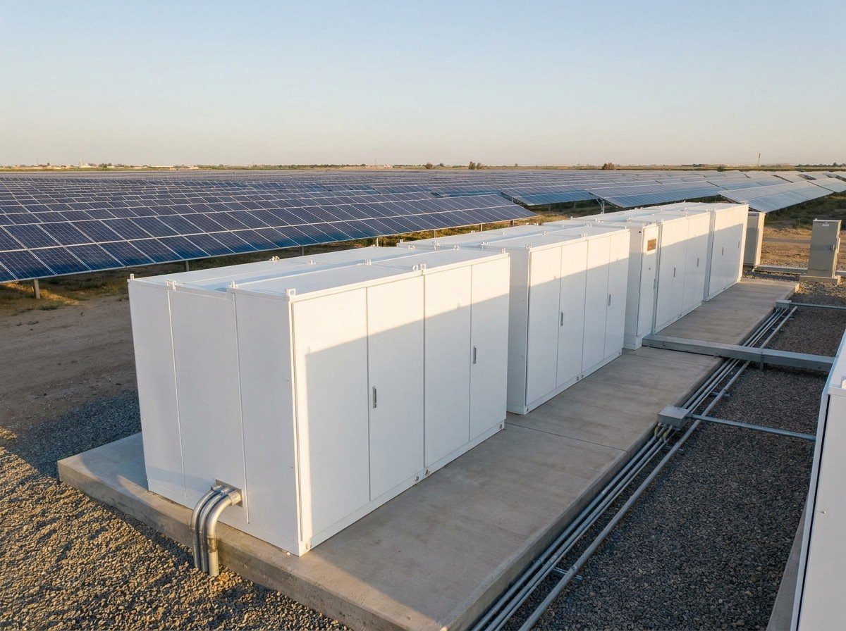 Gabinetes de baterías LiFePO4 (BESS) junto a una planta solar
