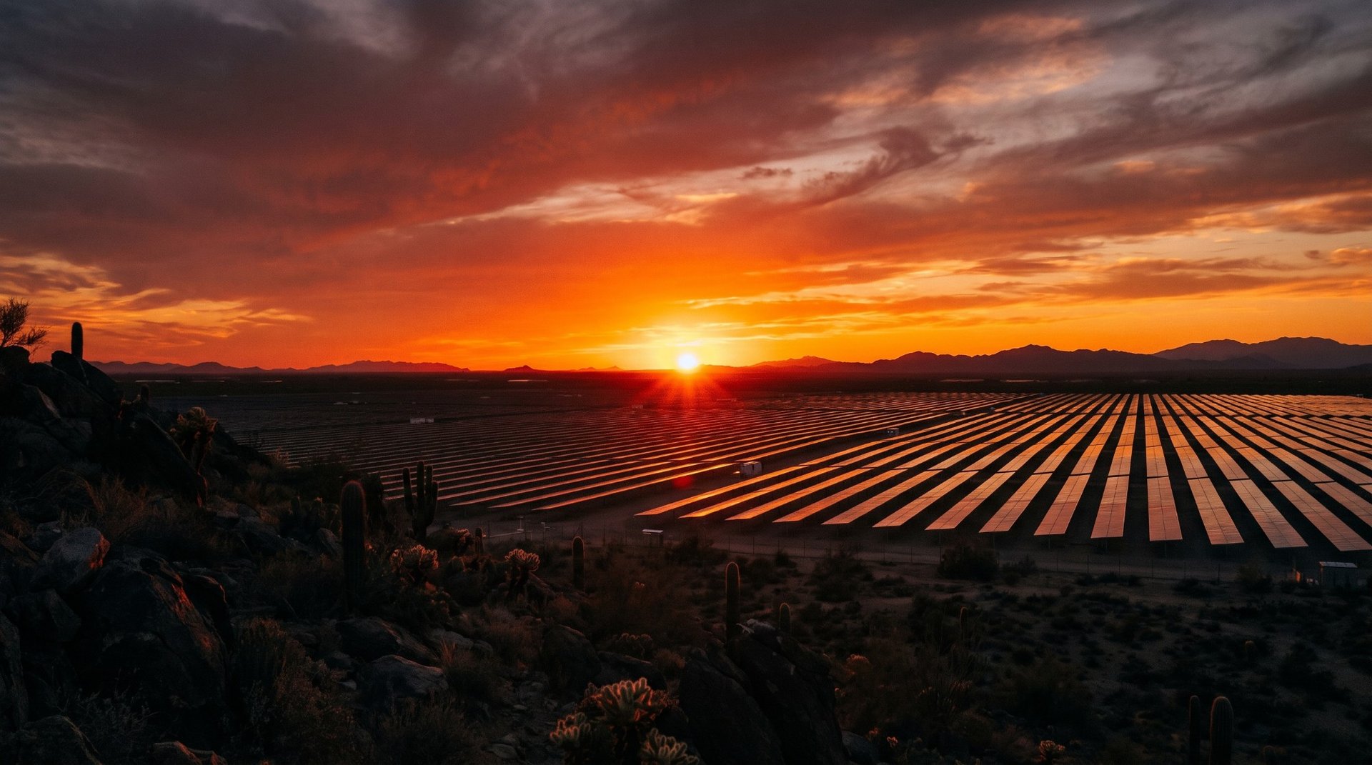 Planta solar fotovoltaica al atardecer