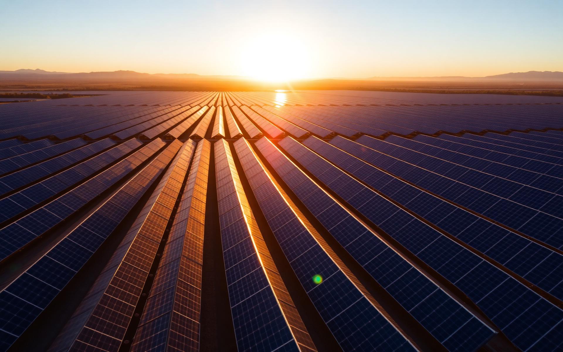 Planta solar fotovoltaica al atardecer