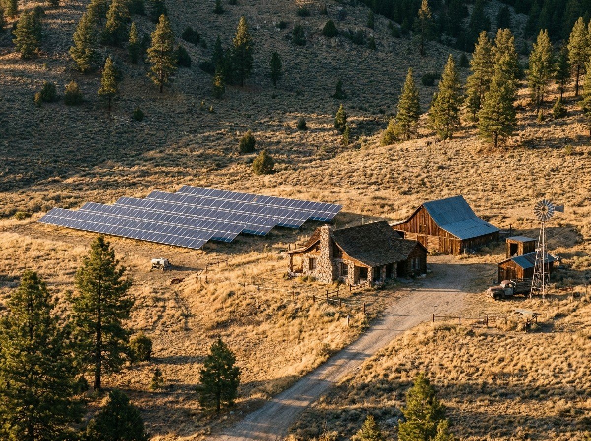 Rancho aislado con arreglo solar en terreno, sin conexión a la red