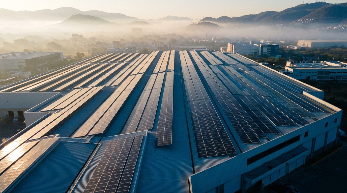 Techo de nave industrial cubierto con paneles solares interconectados a la red