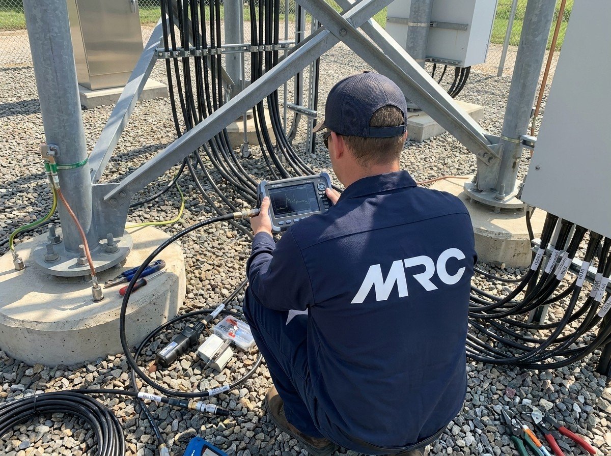 Técnico de MRC certificando líneas coaxiales con un analizador de cable y antena en la base de una torre